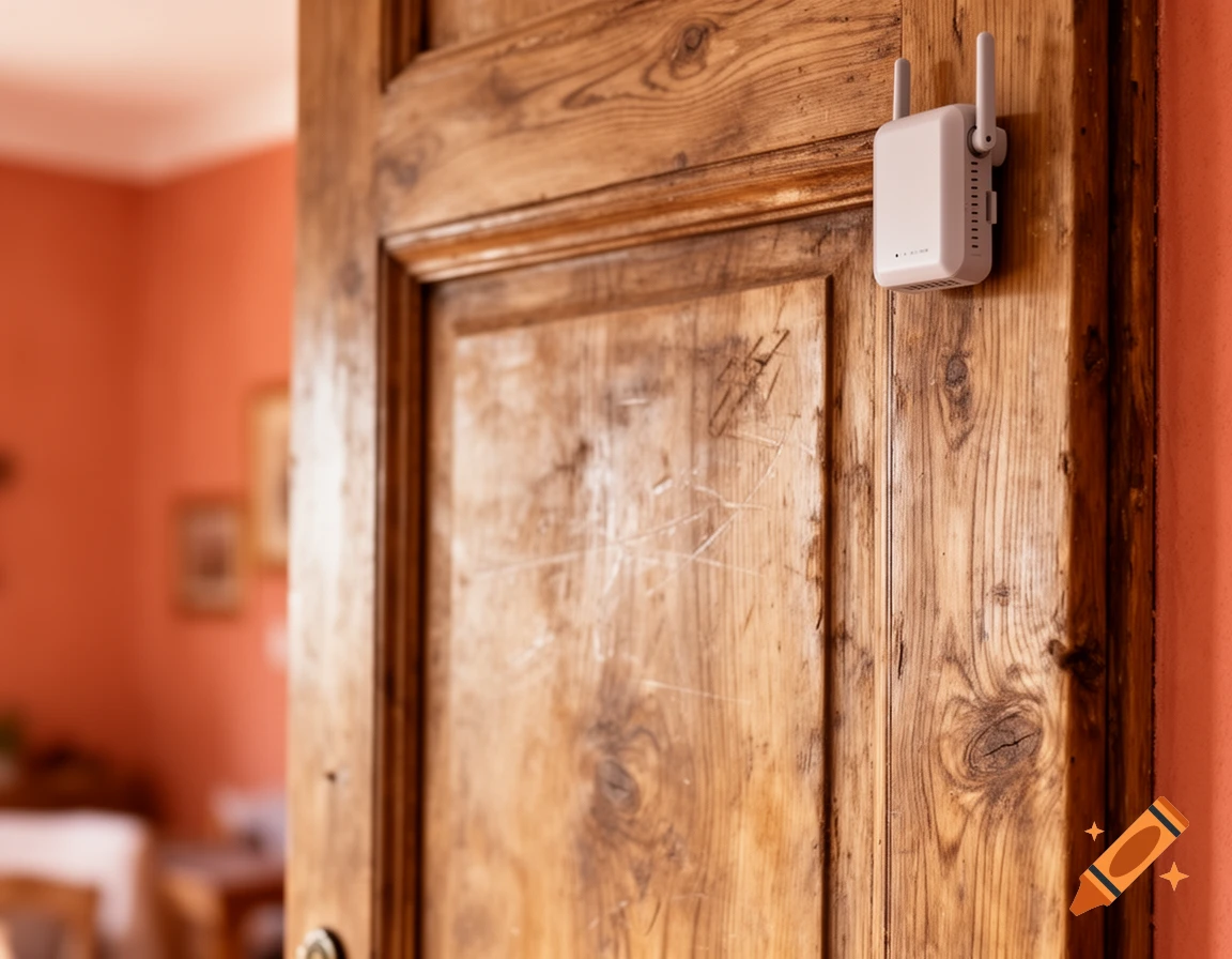 A white WiFi extender is mounted on a textured wooden door, with an out-of-focus coral wall in the background.