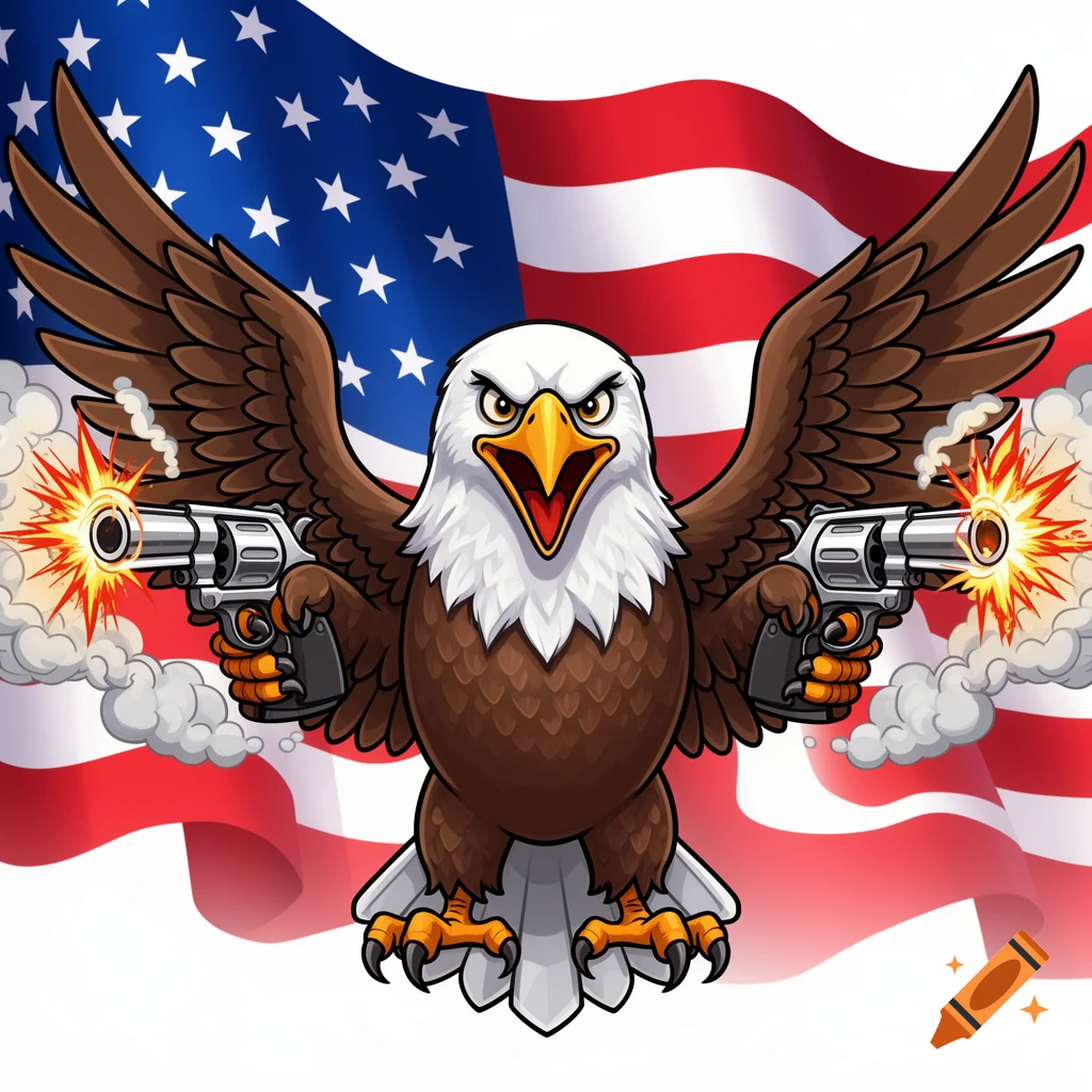 A cartoon bald eagle with outstretched wings, holding and firing a silver revolver in each talon, against a waving American flag.