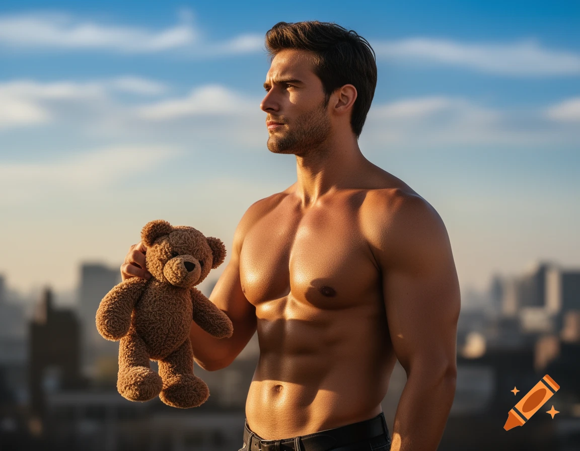 A muscular shirtless man holding a teddy bear, looking towards the horizon with a city skyline at sunset.