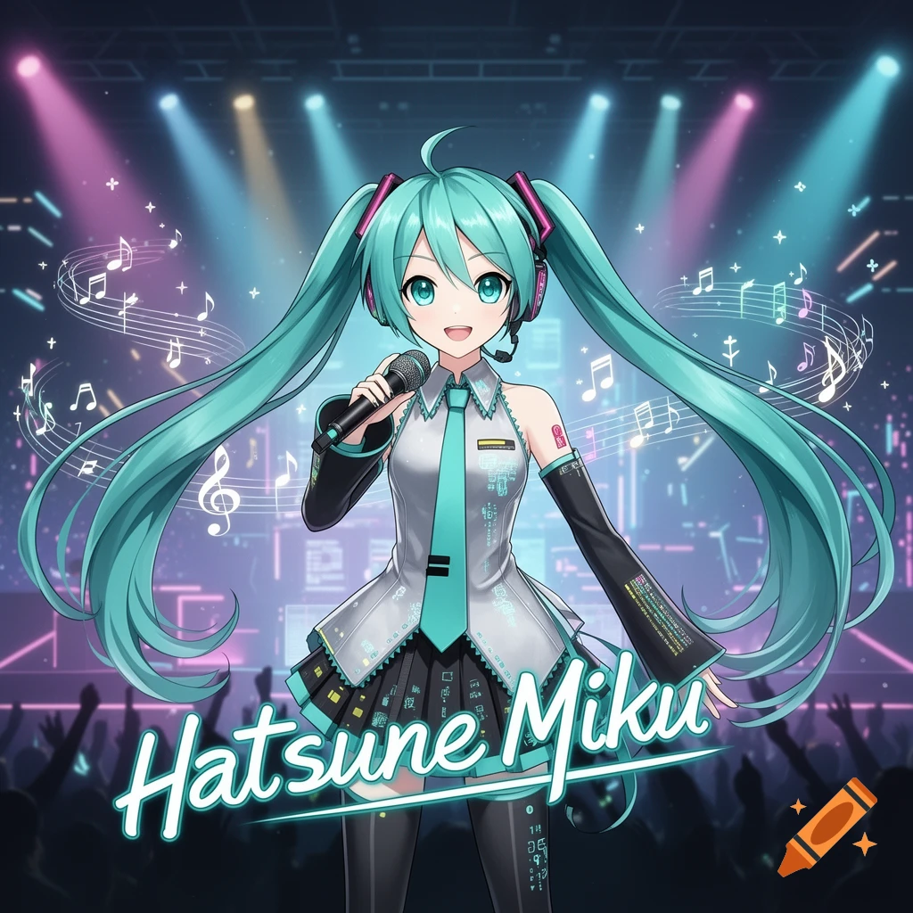 Anime character Hatsune Miku singing on a stage with a microphone and musical notes, with text "Hatsune Miku" below.