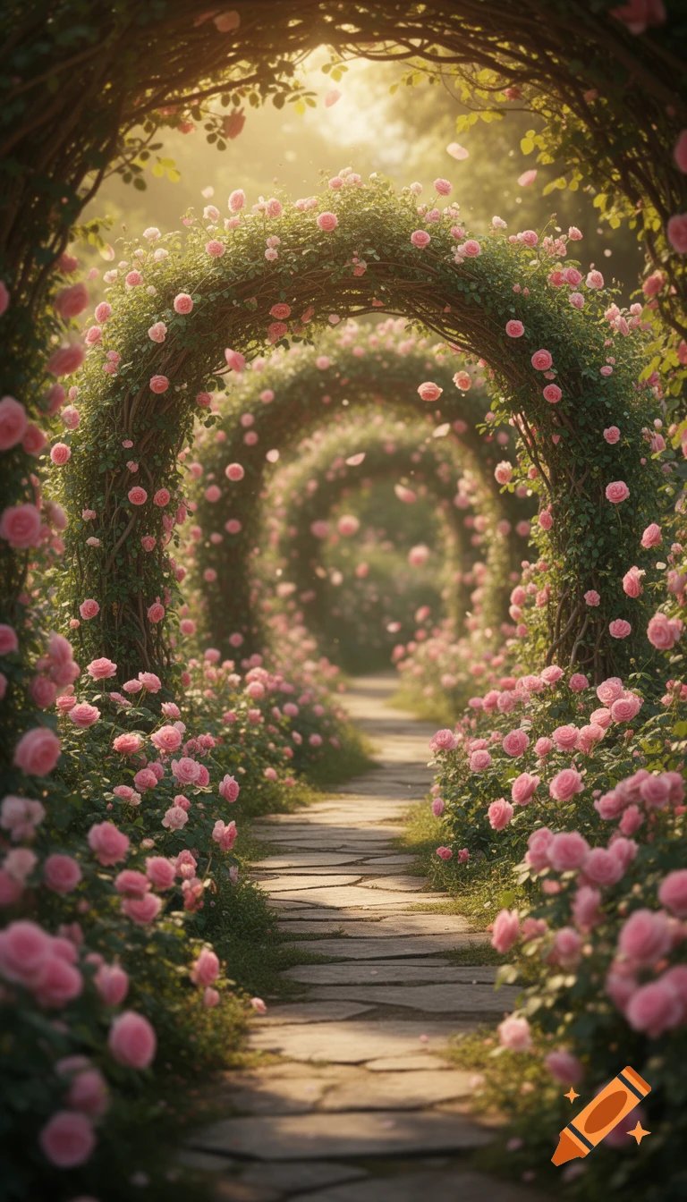 A stone pathway leads through a series of arched rose-covered tunnels with lush pink climbing roses, bathed in soft golden sunlight.