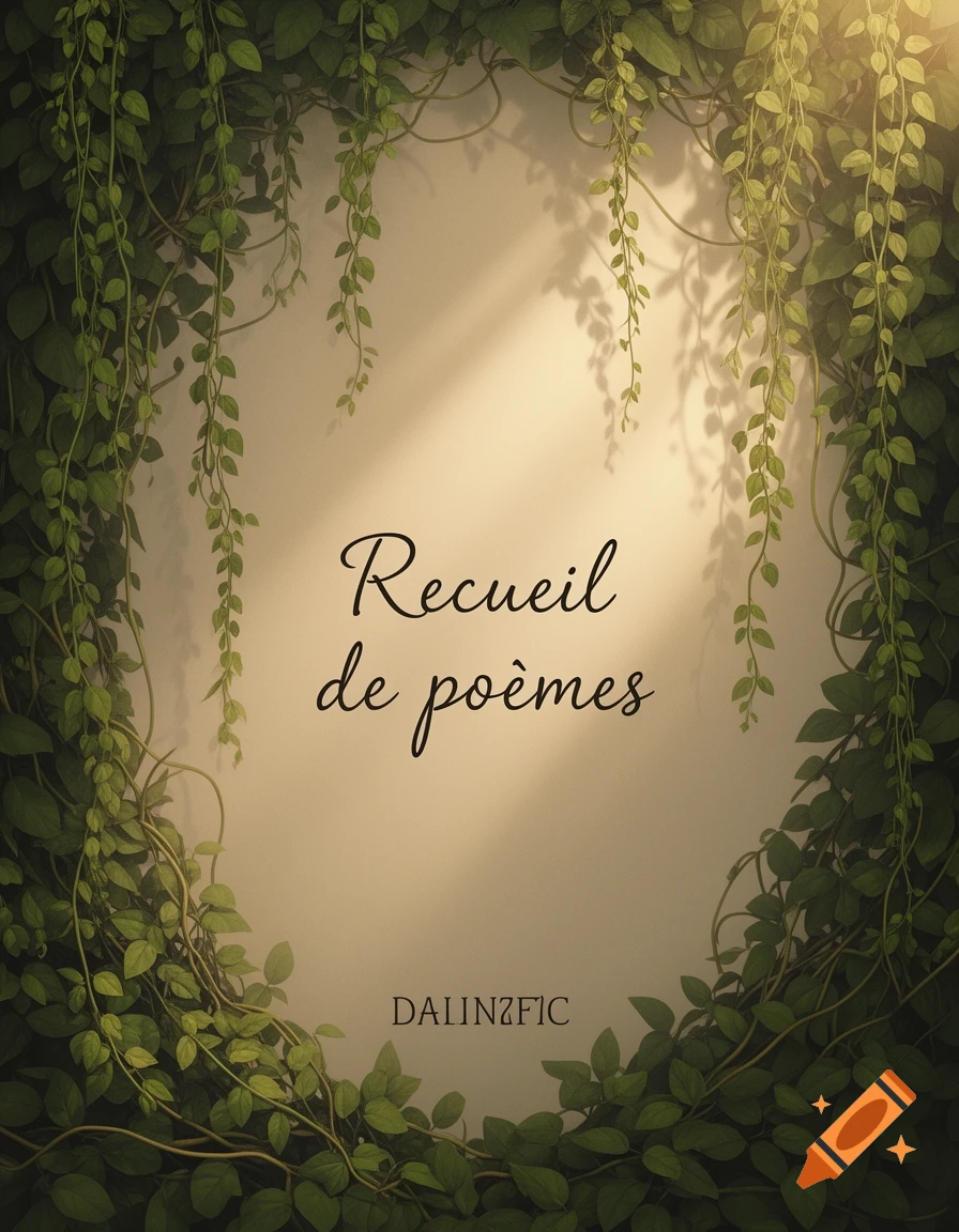 An elegant book cover featuring green vines and leaves forming a natural frame around a light beige background. The title "Recueil de poèmes" and "DALINZFIC" are in script.