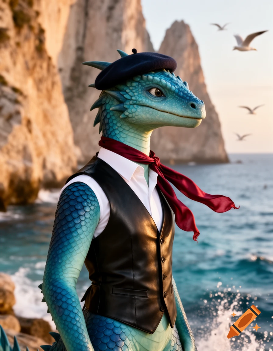 A photorealistic blue-scaled dragon in a black beret, white shirt, black vest, and red scarf stands by the sea with rocky cliffs and seagulls.