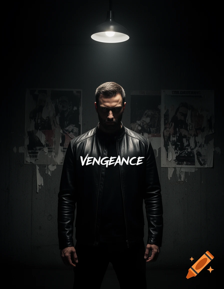 Man in a black leather jacket with 'VENGEANCE' on his chest, under a single light in a dark room.
