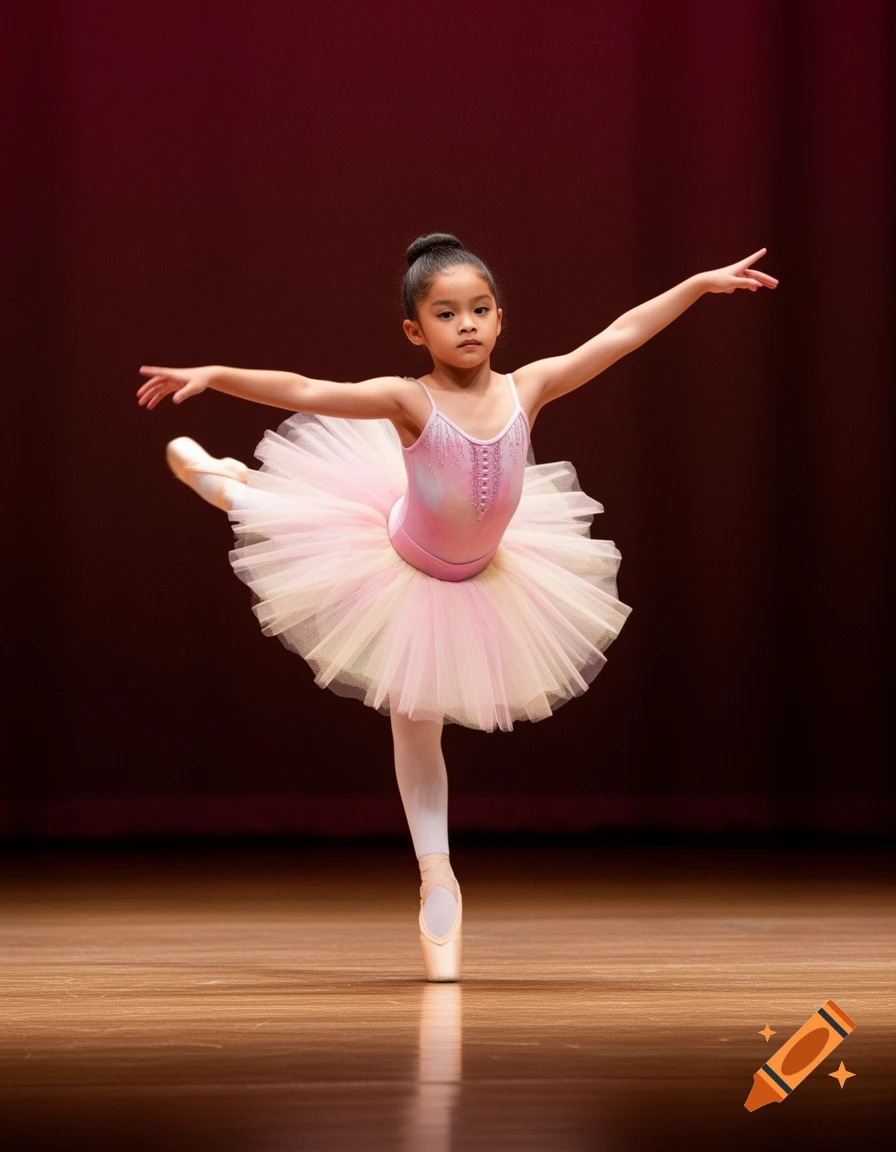 Young girl in a pink ballet tutu on a wooden stage, performing en pointe with arms extended.