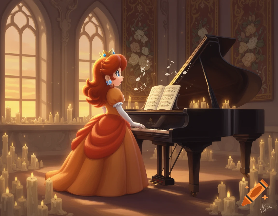 Princess Daisy plays a grand piano in an elegant, candlelit room with large arched windows at sunset. Cartoon style.
