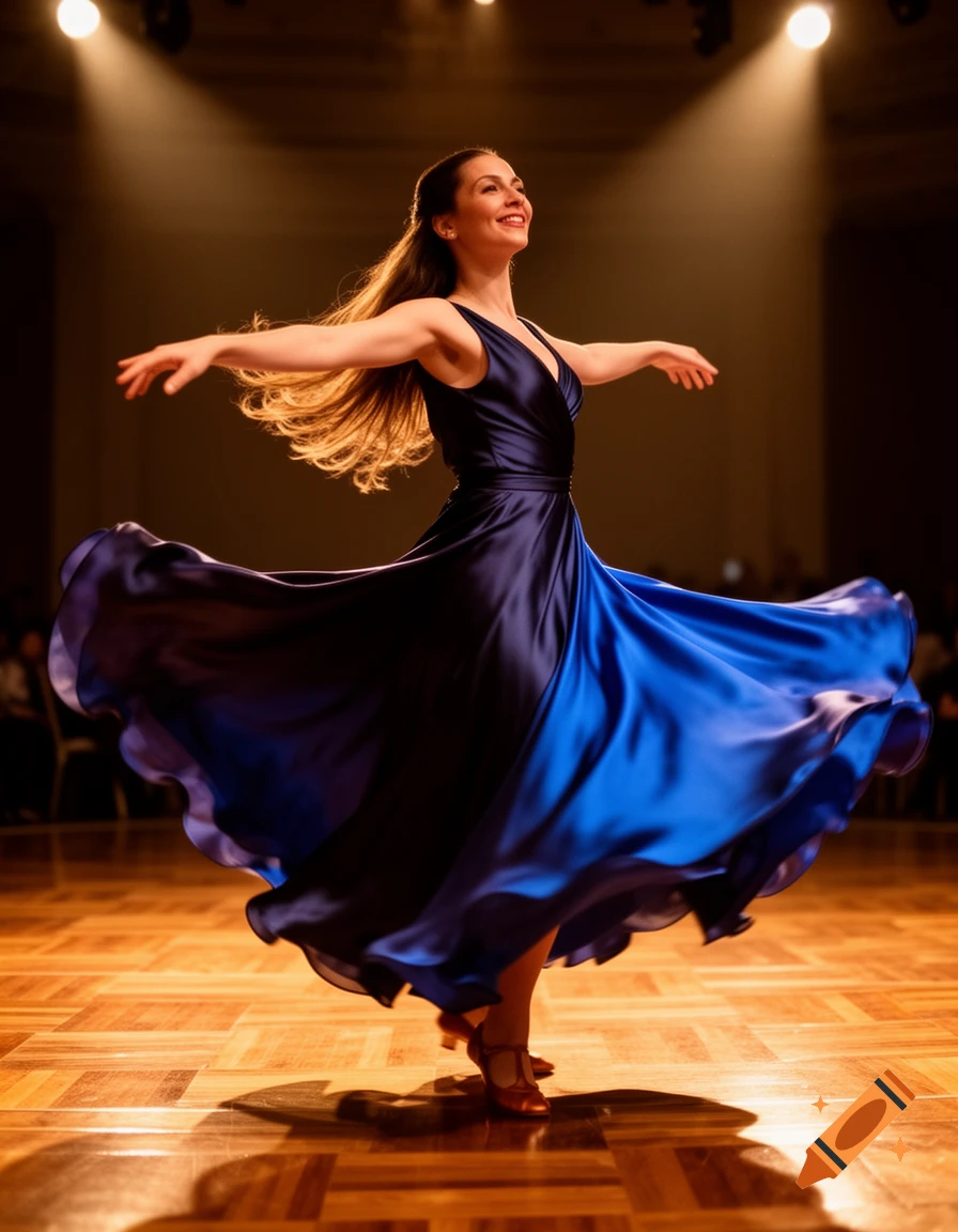 A smiling woman in a flowing blue and navy dress dances gracefully on a wooden floor under spotlights, arms outstretched.