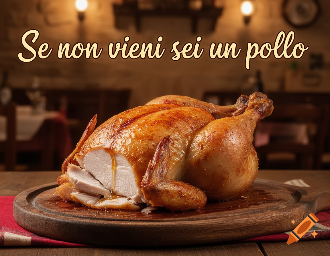 Photorealistic roasted chicken, partially carved, on a wooden board with "Se non vieni sei un pollo" text above, in a restaurant setting.