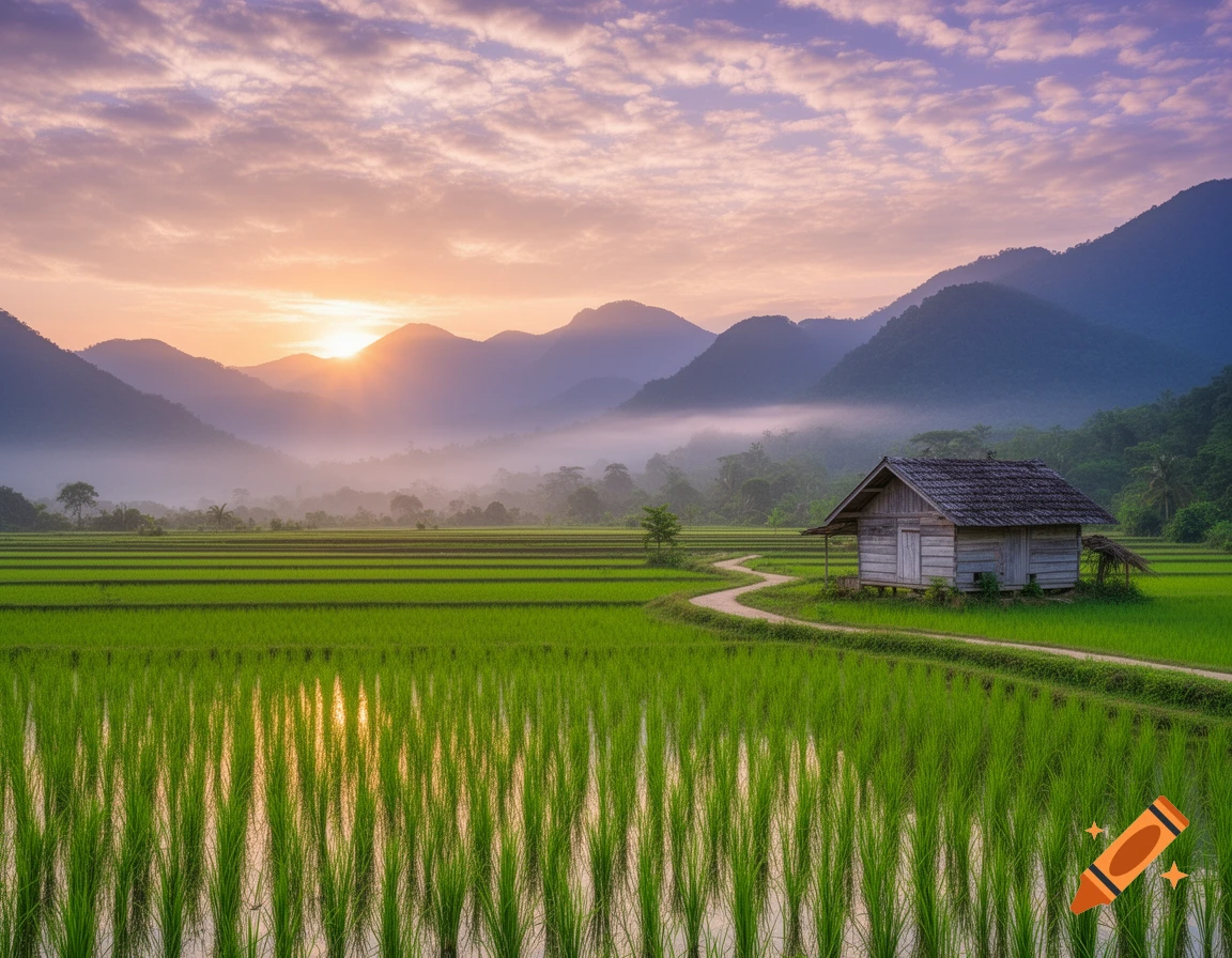 A rustic wooden hut sits beside a winding path through vibrant green rice paddies, with misty mountains and a colorful sunrise or sunset in the background.