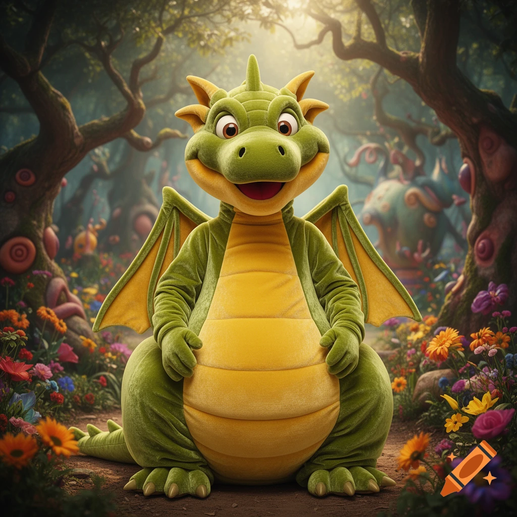 A friendly, plush green dragon with a yellow belly sits in a whimsical, flower-filled forest bathed in sunlight.