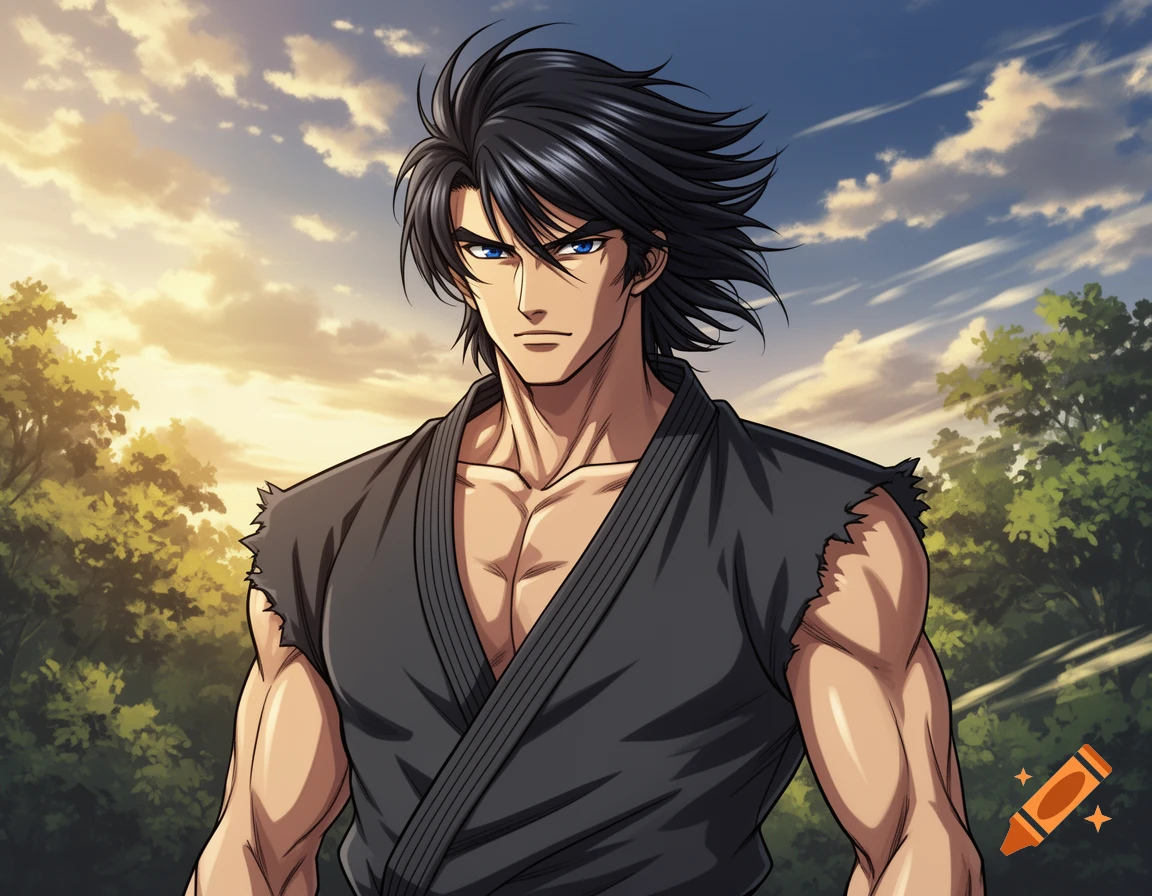Muscular anime man with black spiky hair and blue eyes, wearing a torn black gi, standing outdoors at sunset.