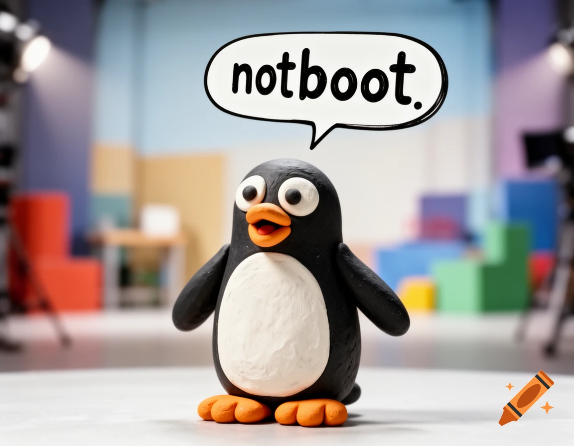A claymation penguin with an orange beak and feet speaks 'notboot.' in a speech bubble, standing in a brightly lit studio set.
