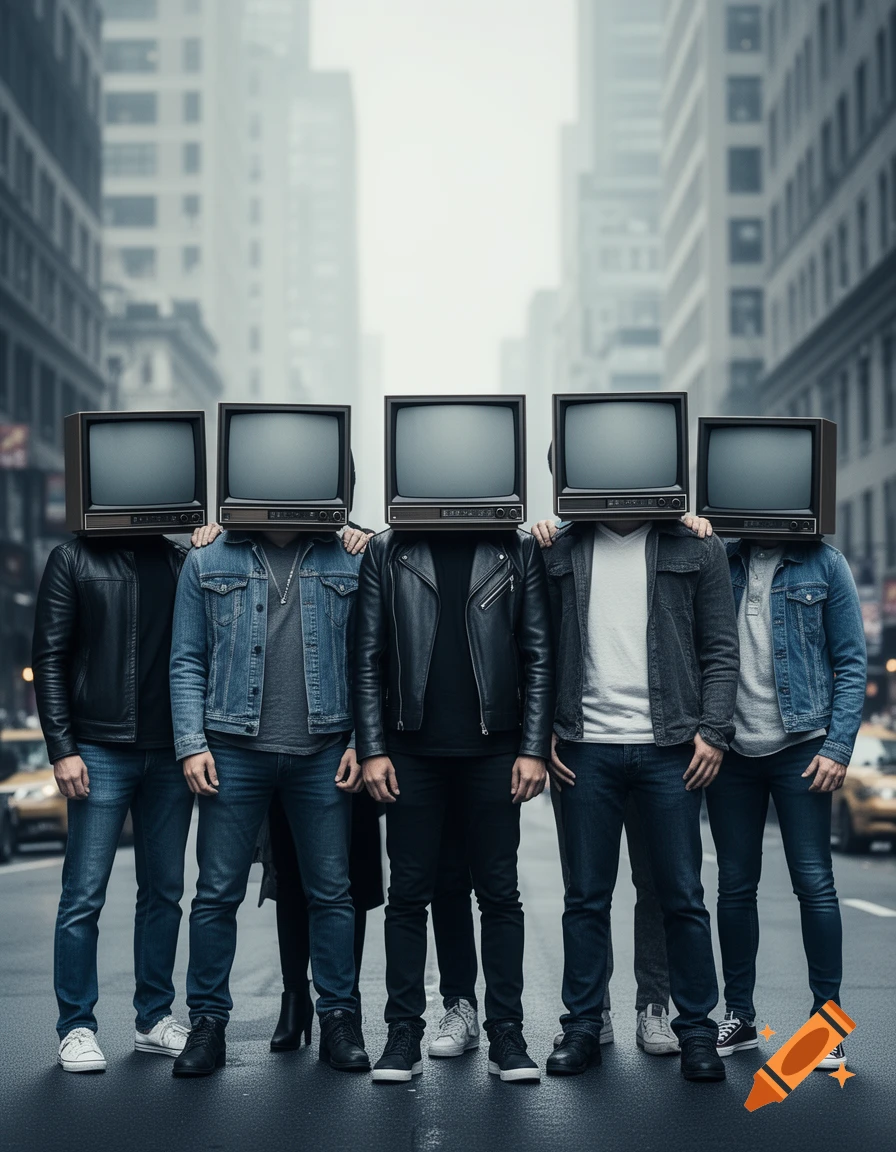 Five people with retro television sets for heads stand facing forward in a city street, wearing jackets and jeans.