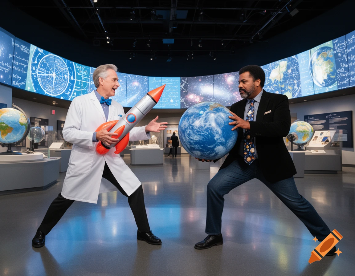 Two men, one in a lab coat with a rocket, the other with a globe, pose in a science museum with celestial displays.