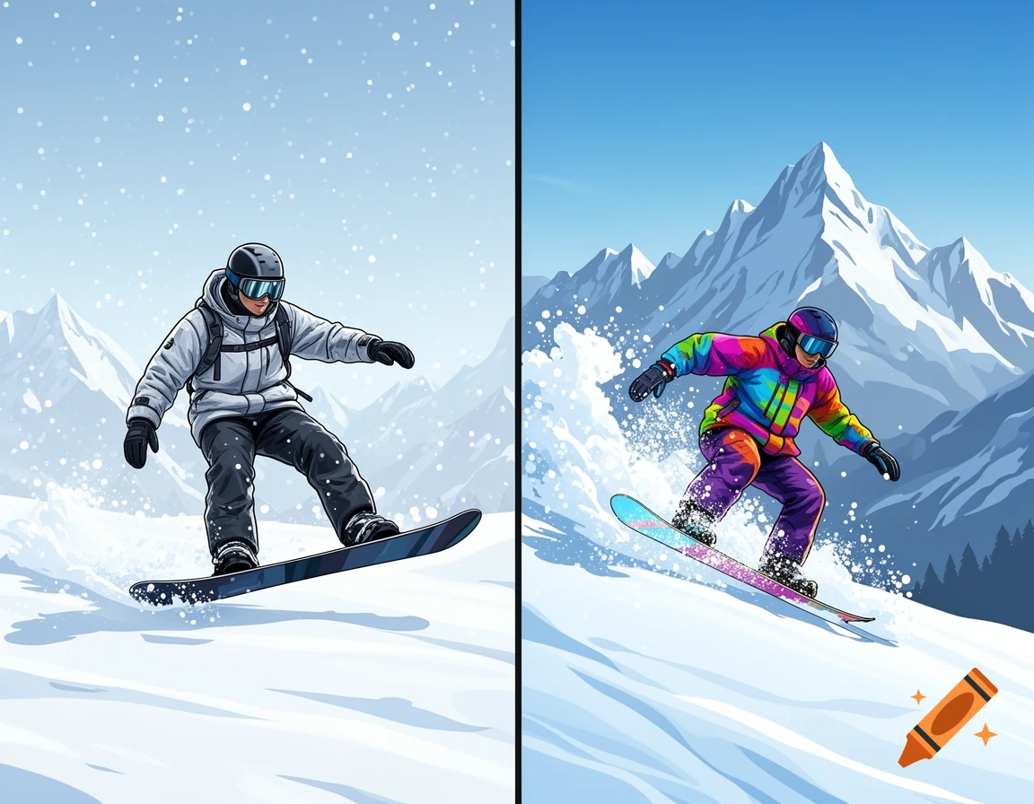 Two snowboarders in a stylized winter mountain landscape, split into two halves, depicted in a clean clipart style.