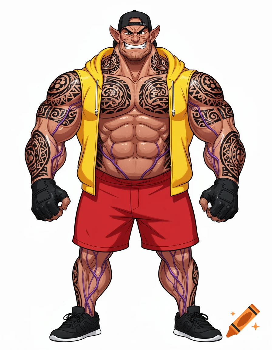 Cartoon style, muscular, tattooed male character with elf ears, yellow open hoodie, red shorts, black cap, and fingerless gloves.