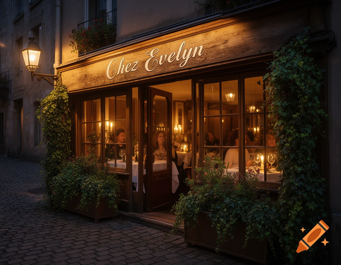 A charming restaurant 'Chez Evelyn' at night, with warm light from windows illuminating diners and a cobblestone street.