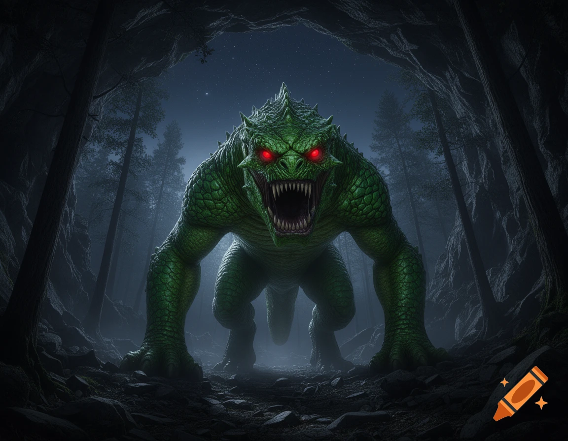 A menacing green monster with glowing red eyes and a fanged mouth emerges from a dark cave into a misty forest at night.