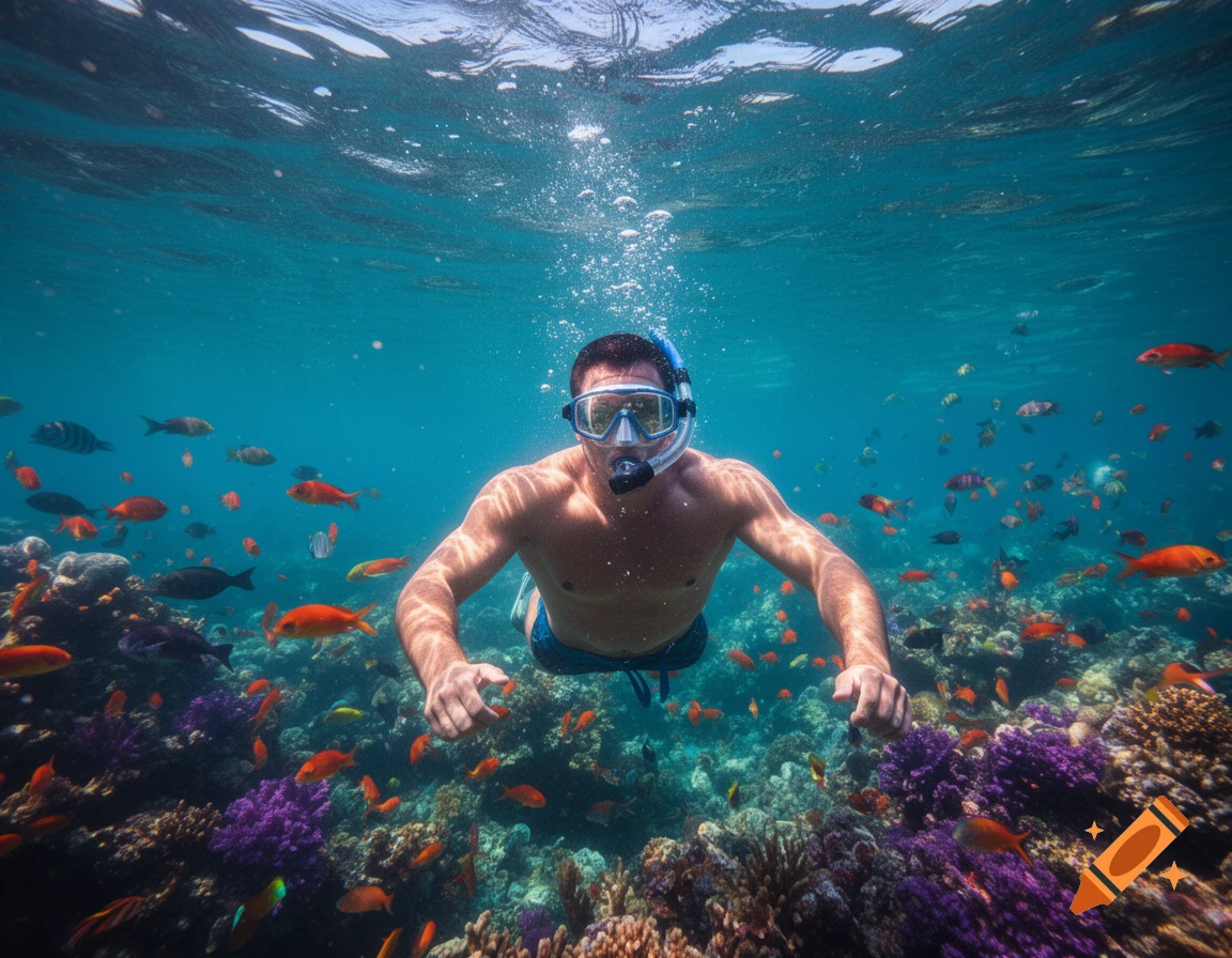 A man snorkels underwater among colorful coral and a school of tropical fish, with sunlight dappling from the surface.
