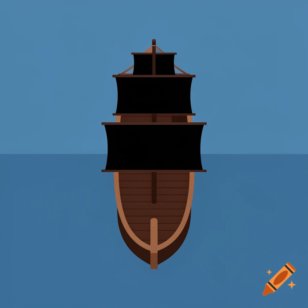 Minimalist flat design top-down view of a pirate ship with black sails and a dark brown hull on blue water.