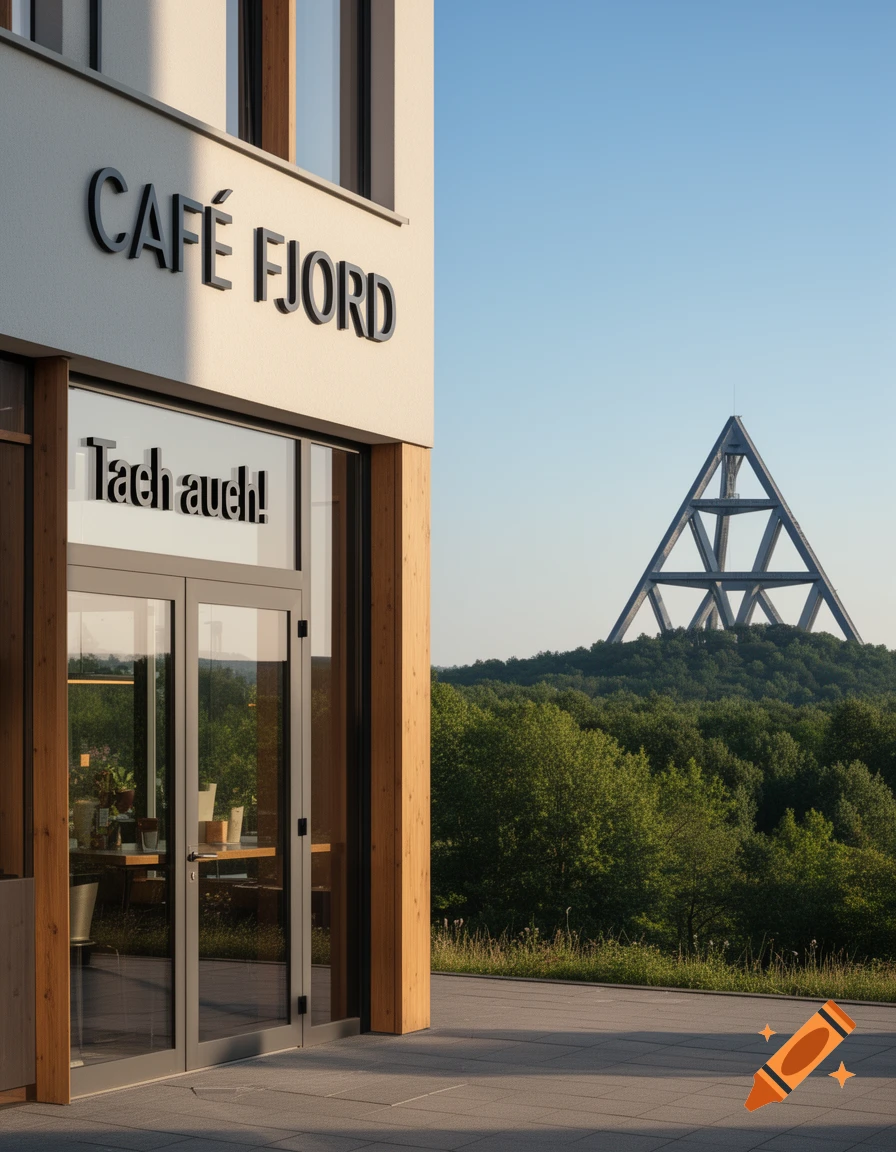 A modern 'Café Fjord' building with 'Tach auch!' on the door, overlooked by the Bottrop Tetraeder on a tree-covered hill under a clear sky.