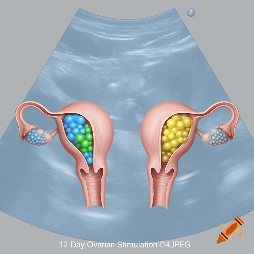 Photorealistic medical illustration of two female uteri and ovaries on an ultrasound background, showing various colored follicles.