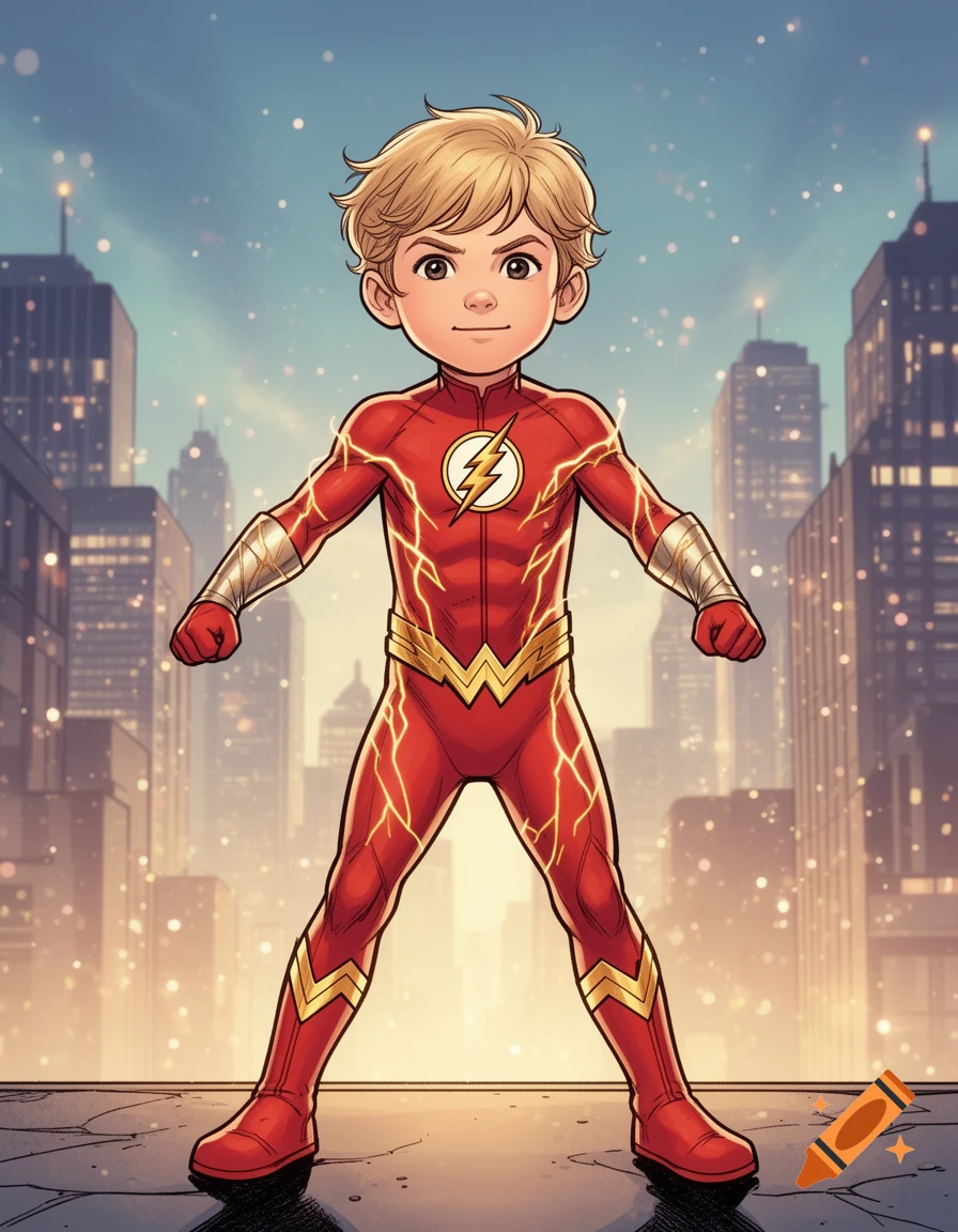 A cartoon boy with blond hair in a red superhero costume with a lightning bolt symbol, standing on a rooftop with a cityscape background.