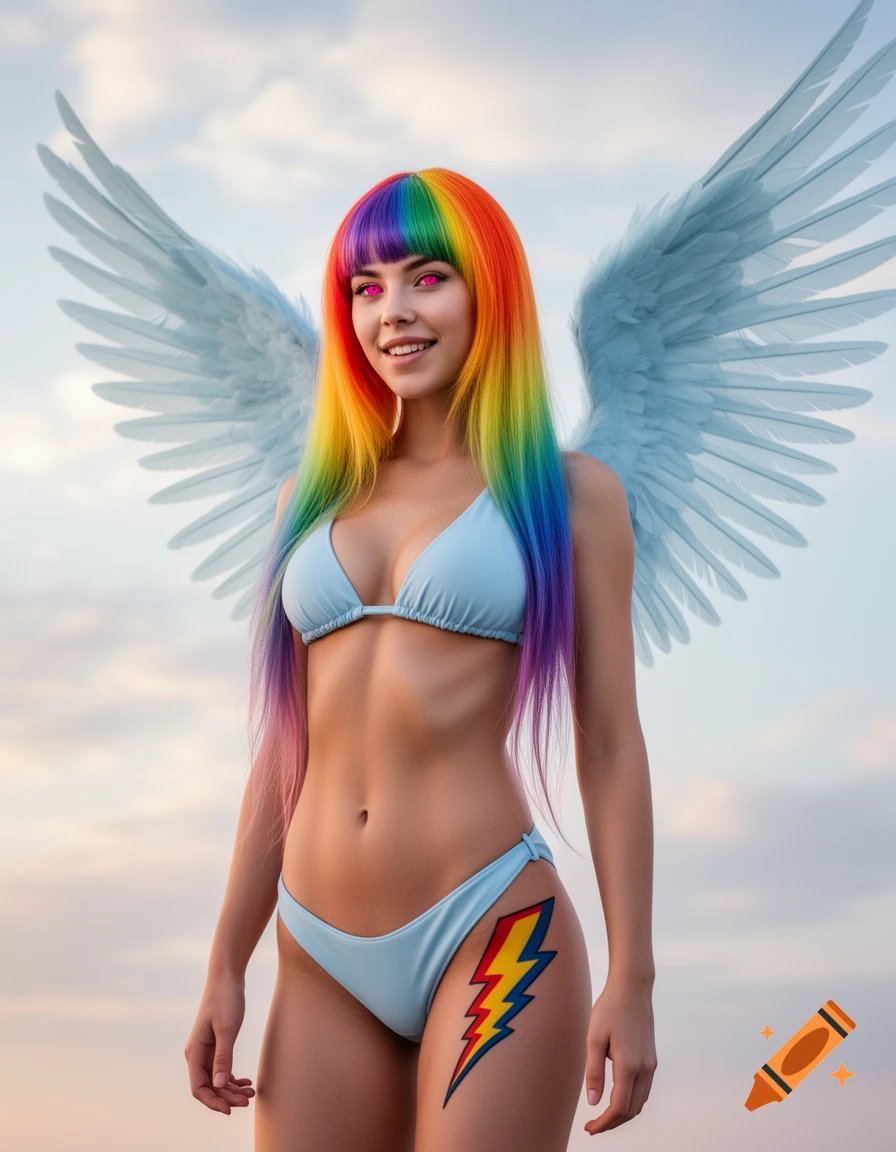 A woman with rainbow hair, pink eyes, light blue bikini, and large light blue wings stands against a cloudy sky, with a lightning bolt tattoo on her hip.