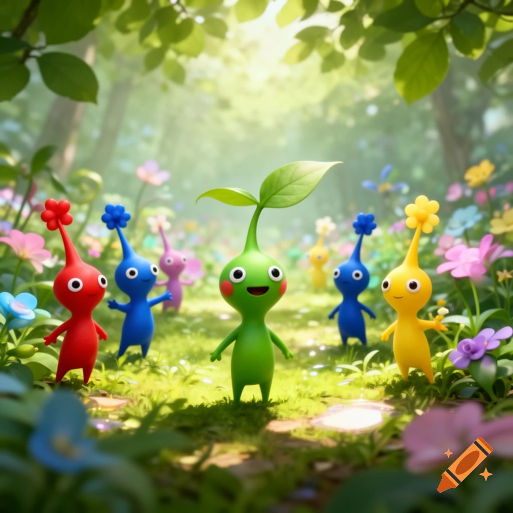 Colorful 3D animated Pikmin characters, including red, green, blue, and yellow, stand in a sunlit, vibrant forest with various flowers.
