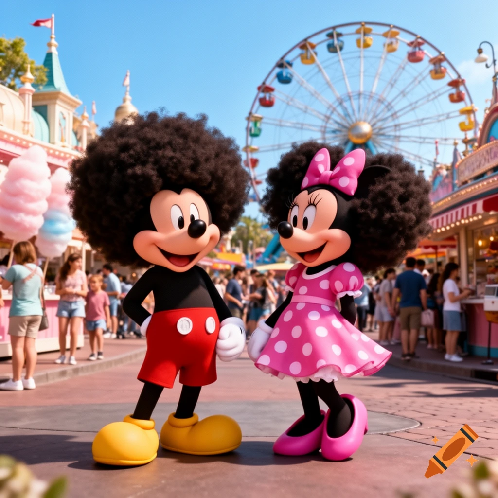 Photorealistic Mickey and Minnie Mouse with afro hairstyles smiling in a sunny theme park with a Ferris wheel.