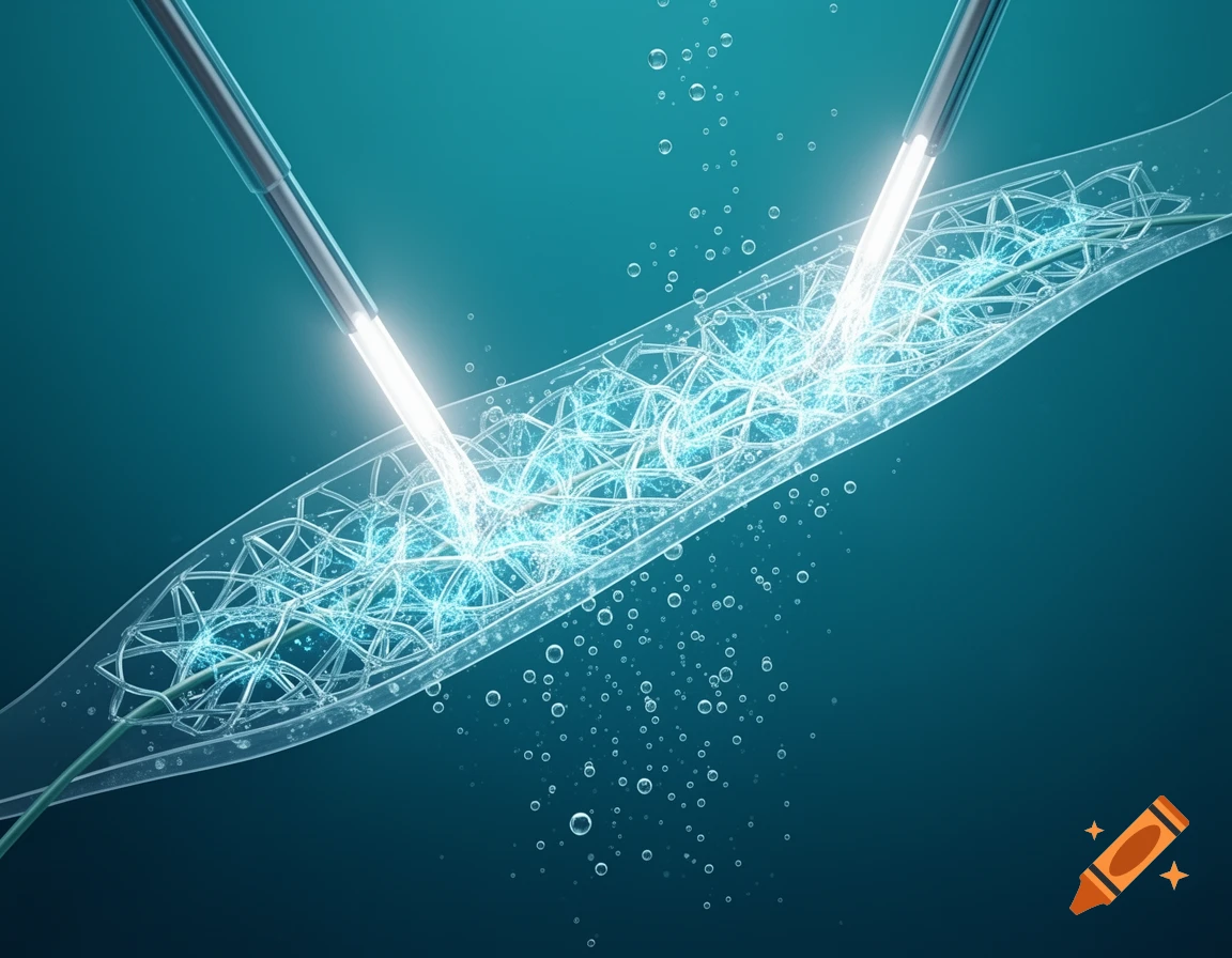 Two glowing probes electrifying a transparent, cage-like membrane, creating bubbles in a teal liquid, scientific illustration.