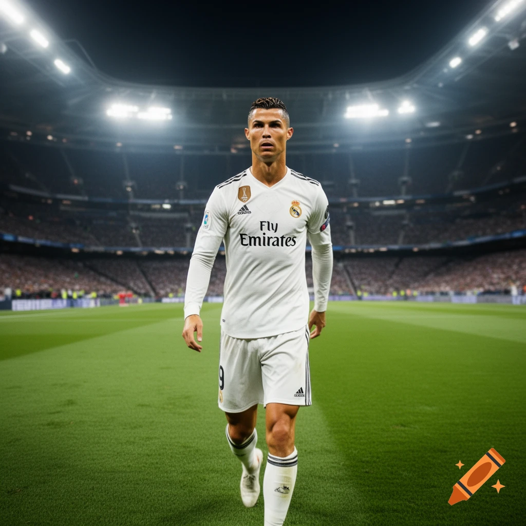 Cristiano Ronaldo in a white Real Madrid jersey and shorts, walking on a green soccer field in a stadium at night.