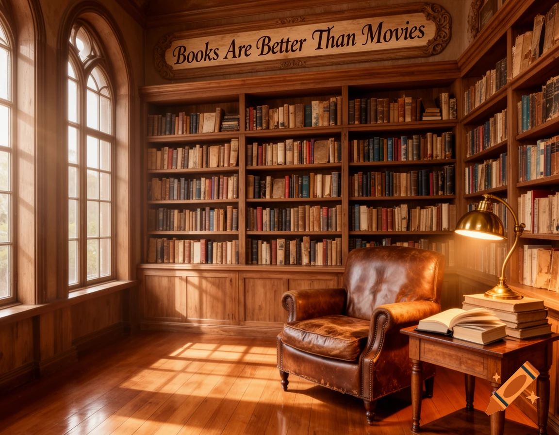 A cozy, sunlit library room with wooden bookshelves, a leather armchair, a side table with a lamp and books, and a large arched window. Text above the shelves reads "Books Are Better Than Movies".
