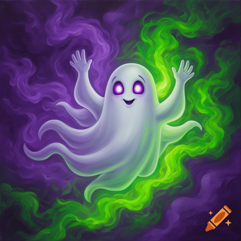 Cartoon oil painting of a cute ghost with glowing purple eyes and multiple wavy arms, against swirling purple and neon green smoke.