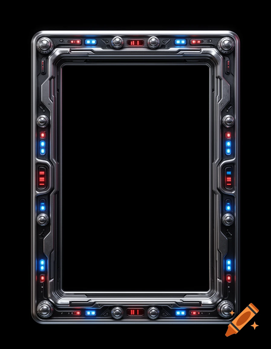A metallic futuristic frame with red and blue lights, knobs, and buttons on a black background.