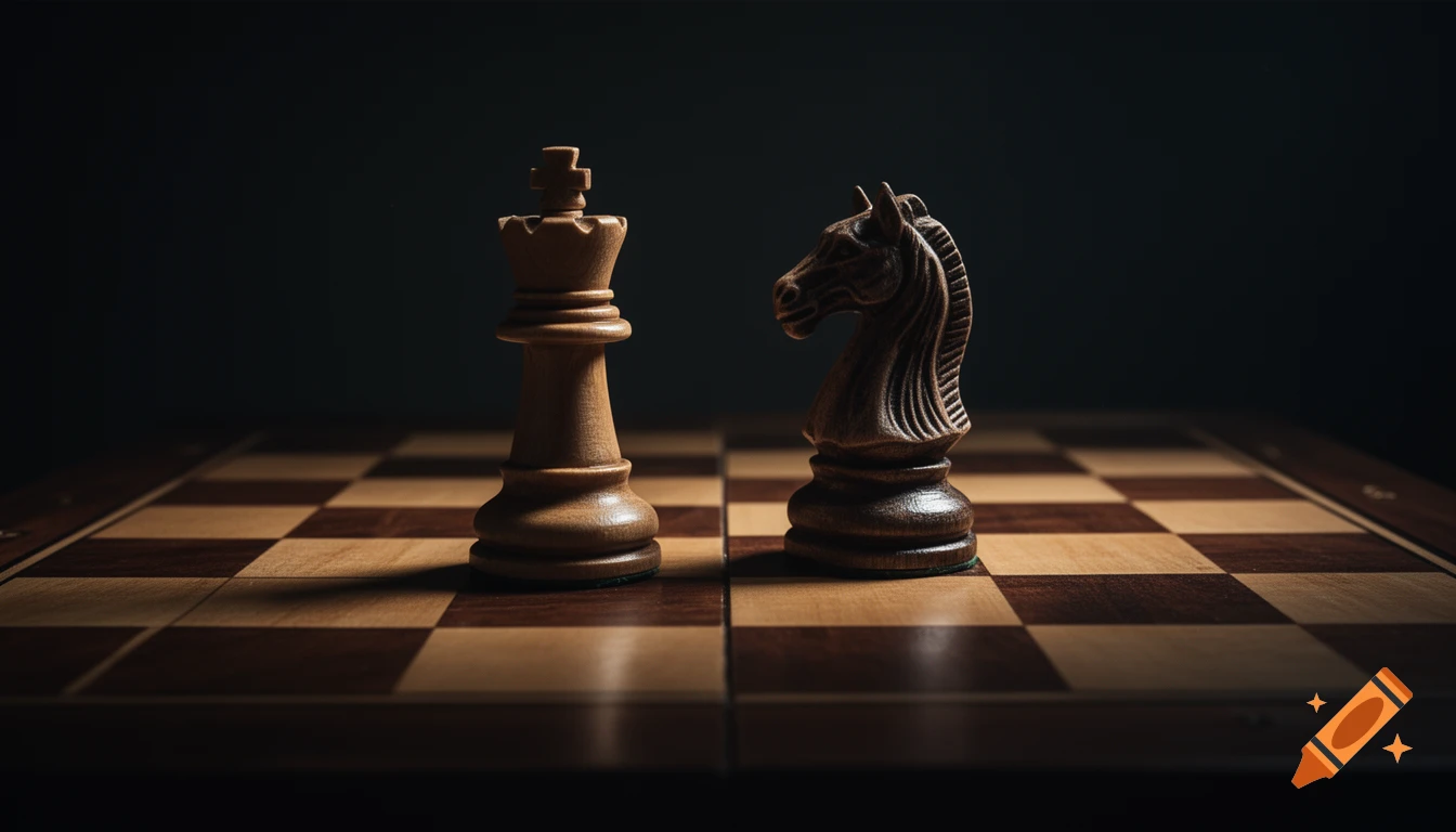 A white king and a black knight chess piece stand on a dimly lit chessboard with dramatic shadows.