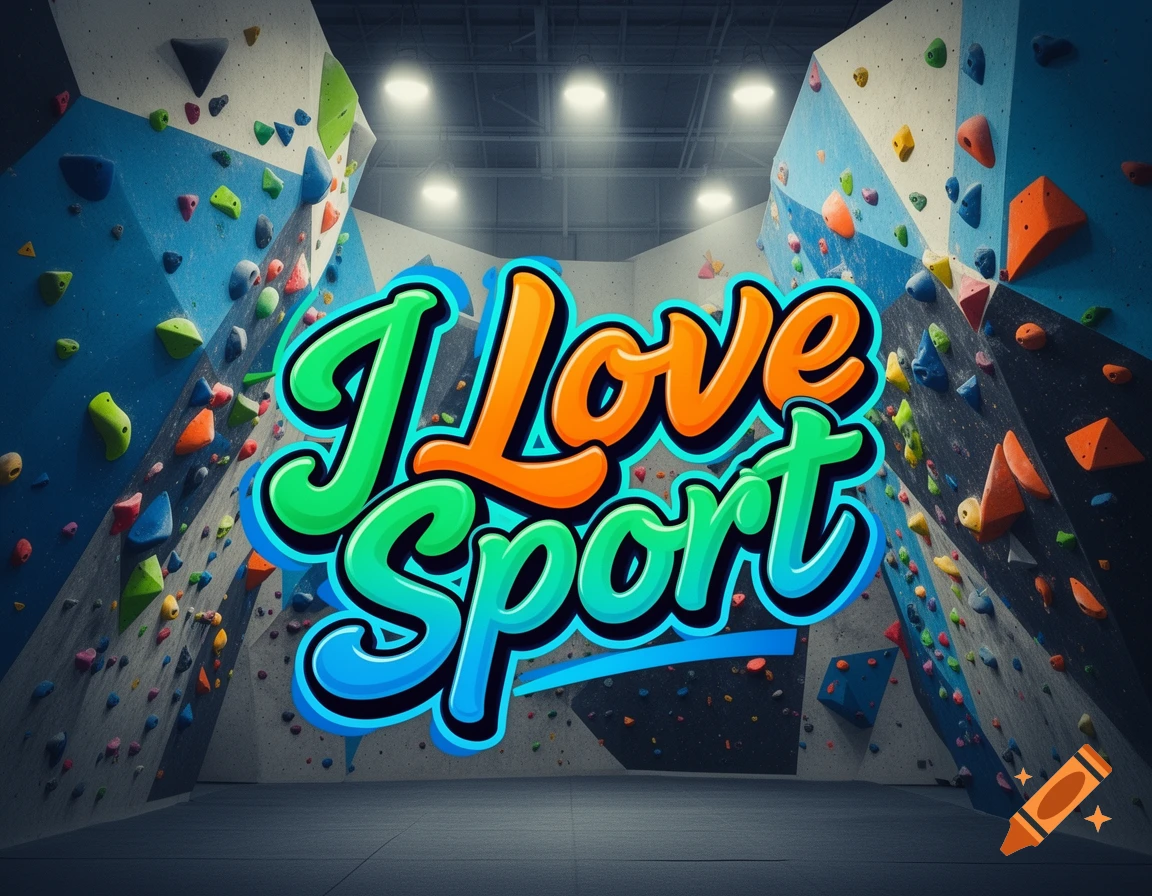 Colorful 'I Love Sport' text in a vibrant climbing gym with various holds on grey and blue walls.