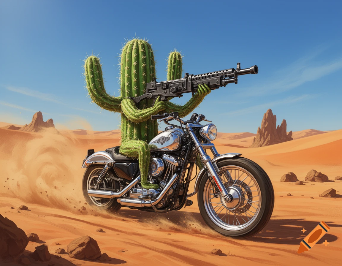 A stylized cactus with arms and legs rides a shiny Harley Davidson motorcycle through a sandy desert, holding a machine gun.