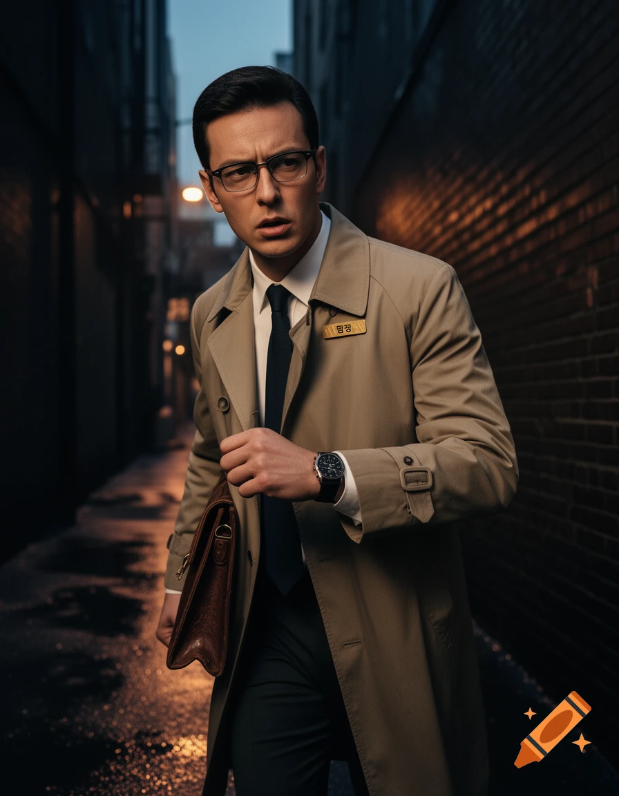 A man in a trench coat and glasses walks intently down a wet, dimly lit urban alley at night, holding a brown briefcase.