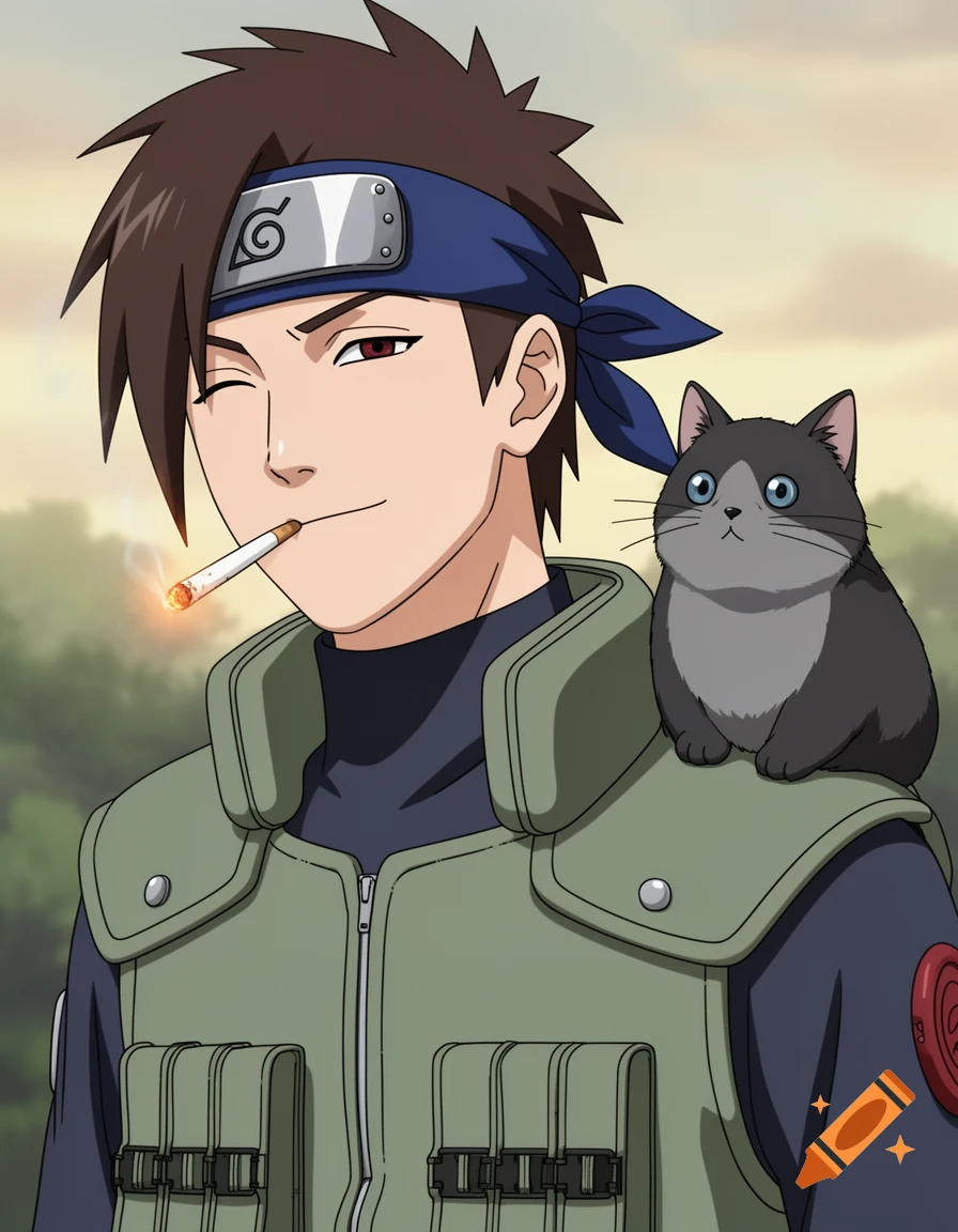 Anime-style ninja with brown hair winking, smoking a cigarette, with a gray cat on his shoulder, against an outdoor background.