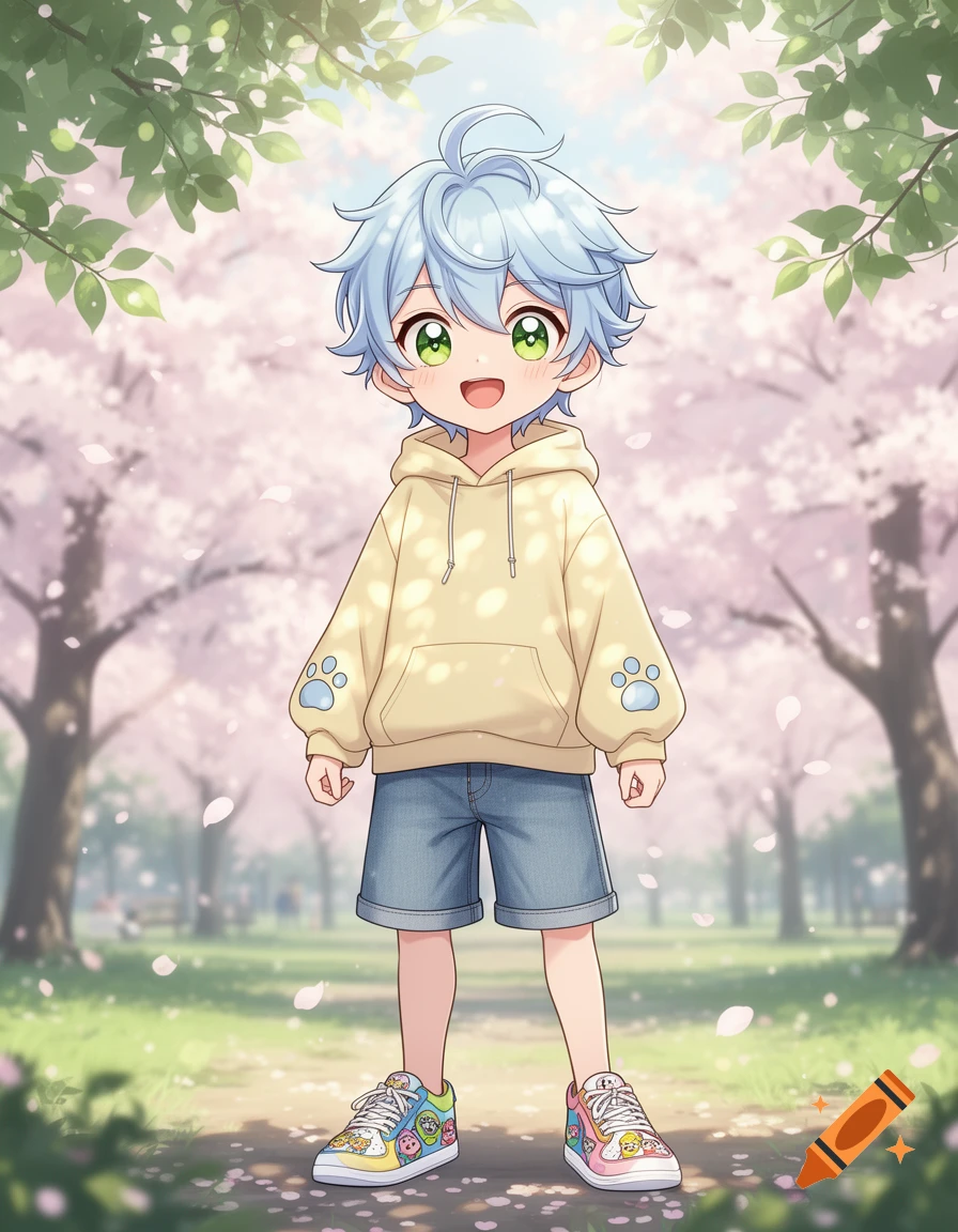 A cute anime boy with light blue hair and green eyes, wearing a yellow hoodie, denim shorts, and colorful sneakers, standing in a sunny park with pink cherry blossoms.