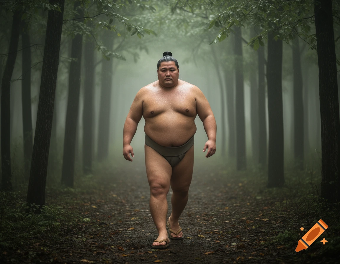 A heavily built sumo wrestler in a mawashi and sandals walks through a misty, dark forest with light rain.