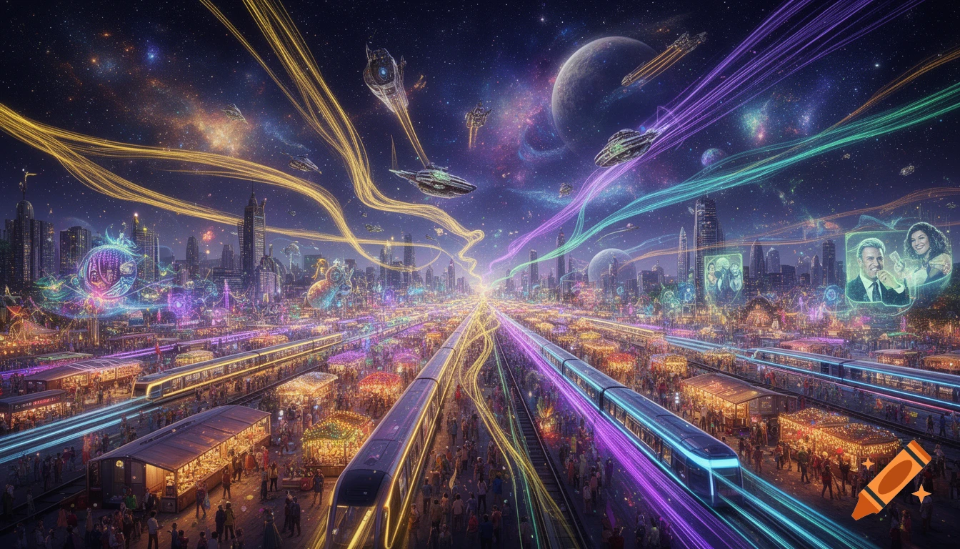 A vibrant, futuristic city festival at night with luminous trains, holographic ads, flying vehicles, and colorful light trails under a starry sky with planets.