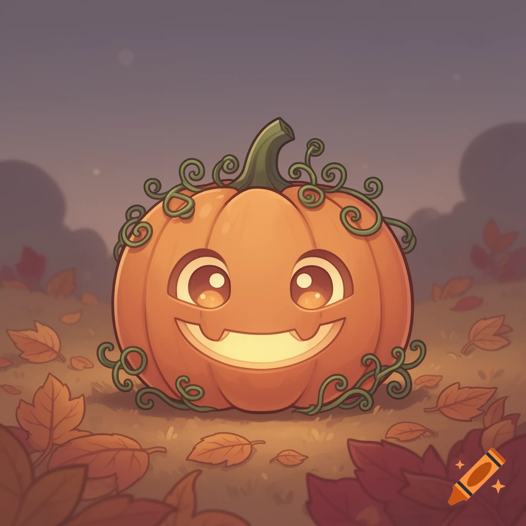 A cute, smiling jack-o-lantern covered in green vines, surrounded by autumn leaves on the ground, in a chibi cartoon style.