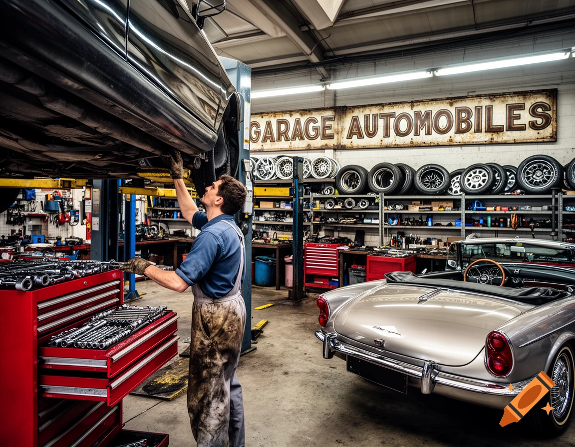 A photorealistic image of a mechanic working on a car elevated in a garage, with a classic car and tools in the background.