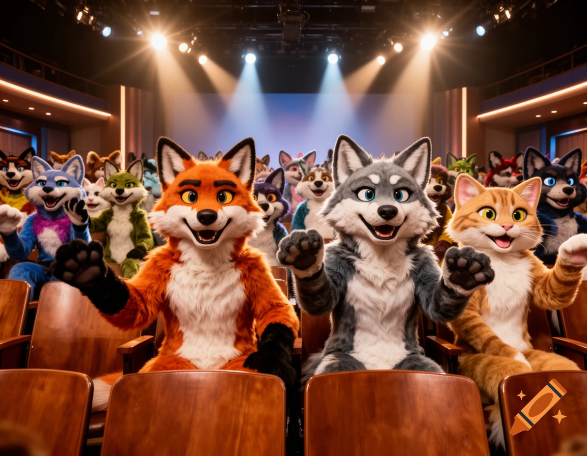 Smiling anthropomorphic animals in fursuits, including a fox, wolf, and cat, sit in an auditorium audience looking at a stage.