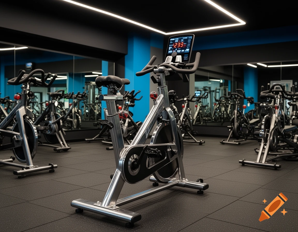 Modern spin class studio with rows of silver and black exercise bikes, reflective walls, and bright overhead lighting.