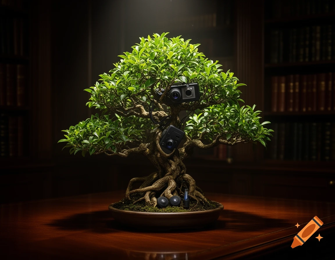 Photorealistic image of a bonsai tree with miniature spy cameras and tech gadgets attached to its branches, sitting on a wooden desk with bookshelves in the background.