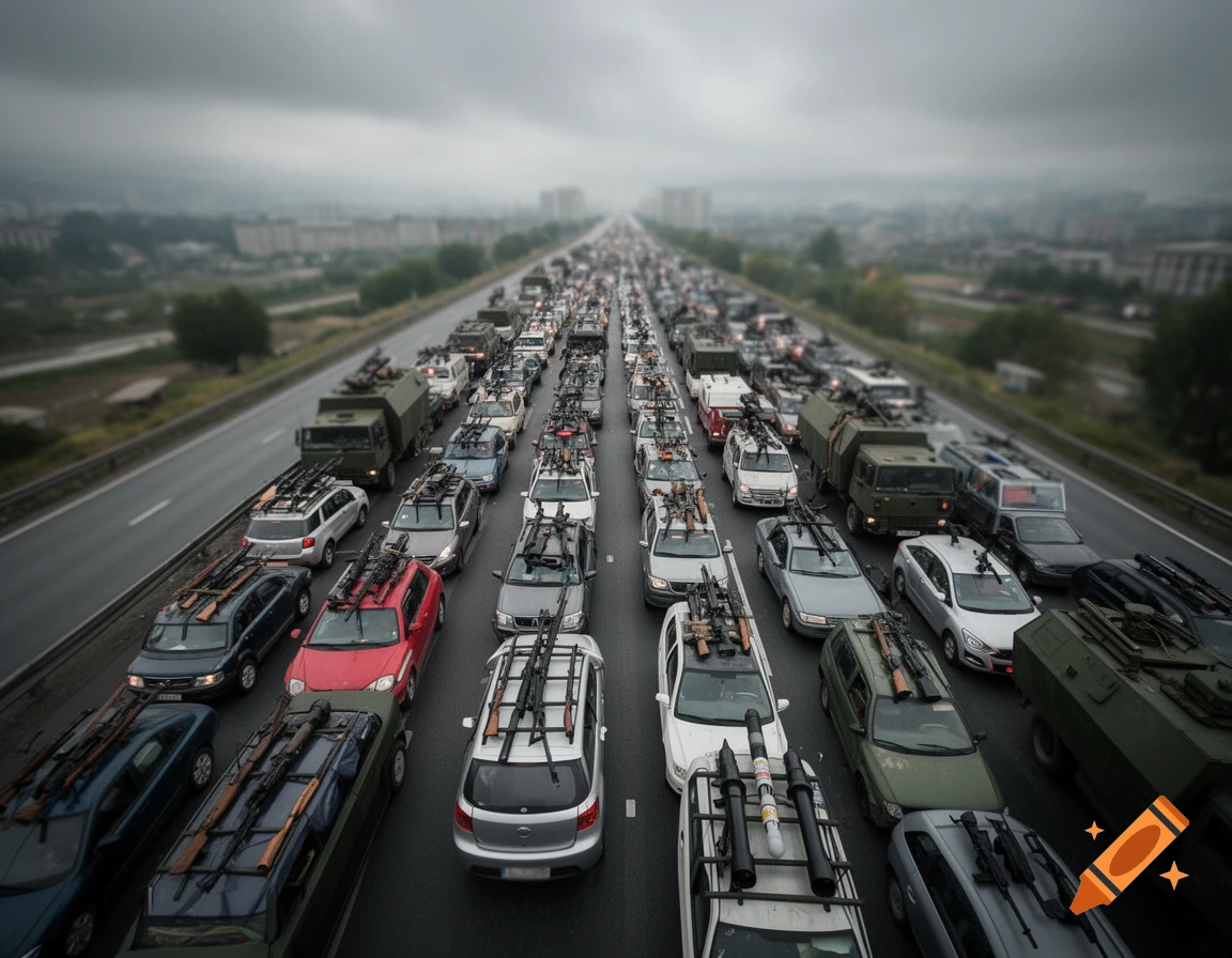 Aerial tilt-shift photo of a massive traffic jam on a highway with cars and military vehicles, many equipped with roof-mounted weapons.
