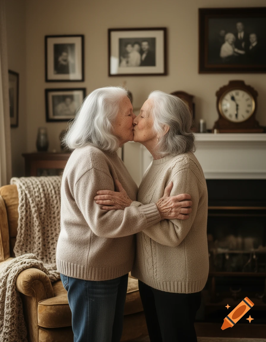 Two elderly women with gray hair embrace and kiss in a warm, photorealistic indoor setting with framed pictures and a clock in the background.